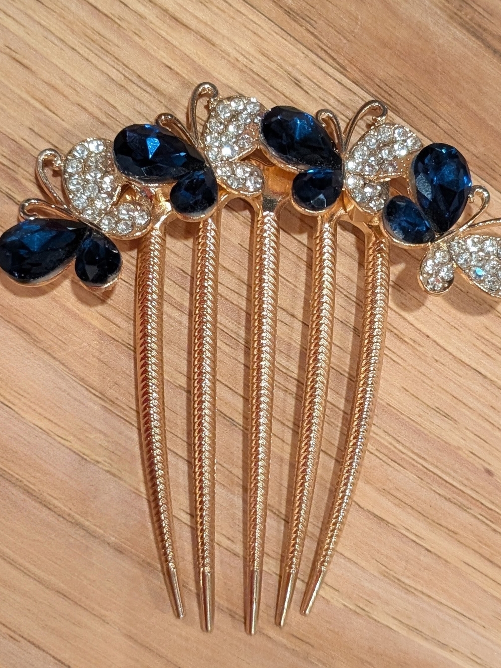 Source Unknown Gold Butterfly Hair Comb with Blue and Clear Crystals